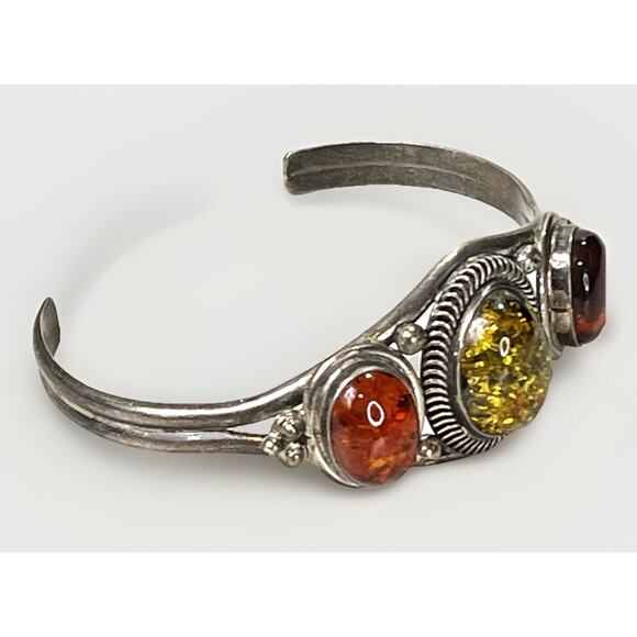 Signed Navajo Sterling Silver Amber Gemstone Cuff Bracelet 925 Native American - Picture 11 of 15